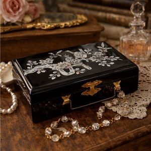 Vintage Black Lacquer Jewelry Box Floral Bird Inlay Red Velvet Interior